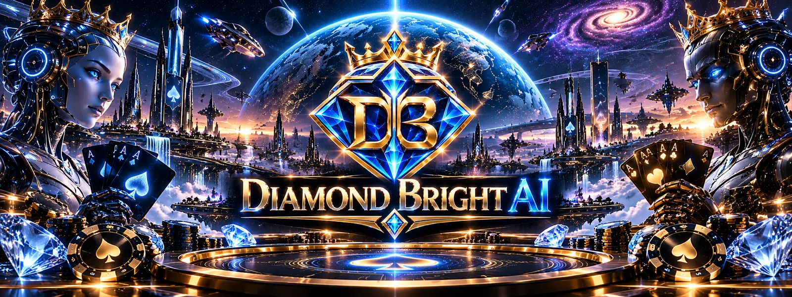 Diamond Bright AI emblem above a futuristic poker universe