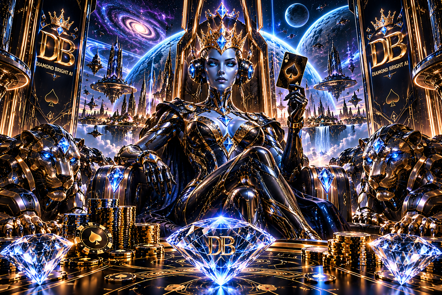 AI queen with blue diamonds and robotic feline guardians in the Diamond Bright AI universe