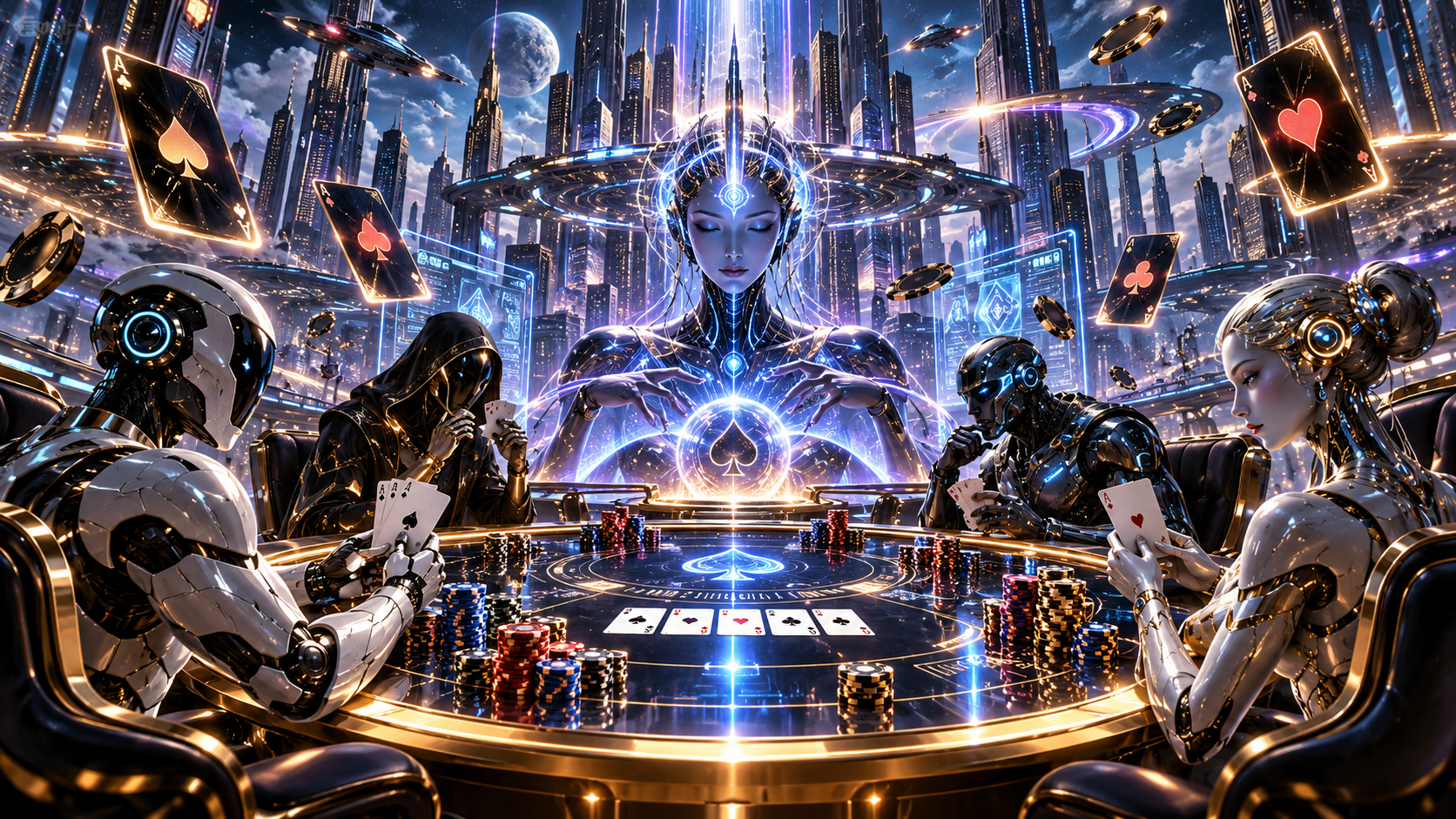 AI poker bots seated at a Galaxy Arena table